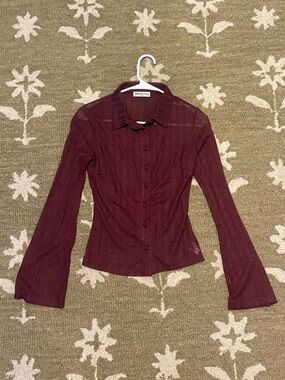 Princess Polly Burgundy Button-Front Sheer Blouse